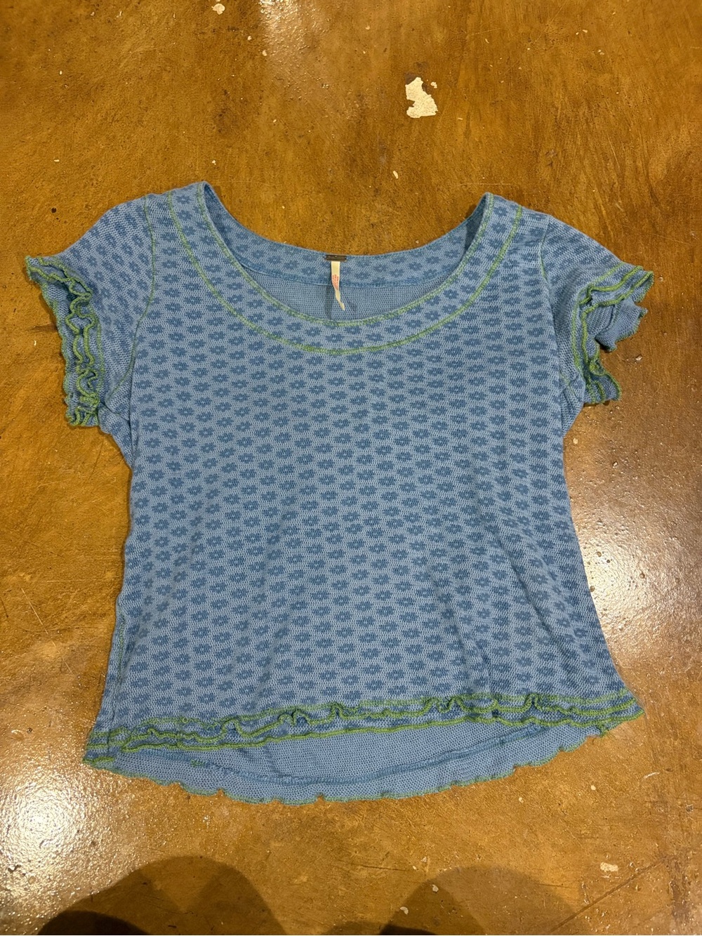 Free People Light Blue Knit Short Sleeve Top with Green Trim